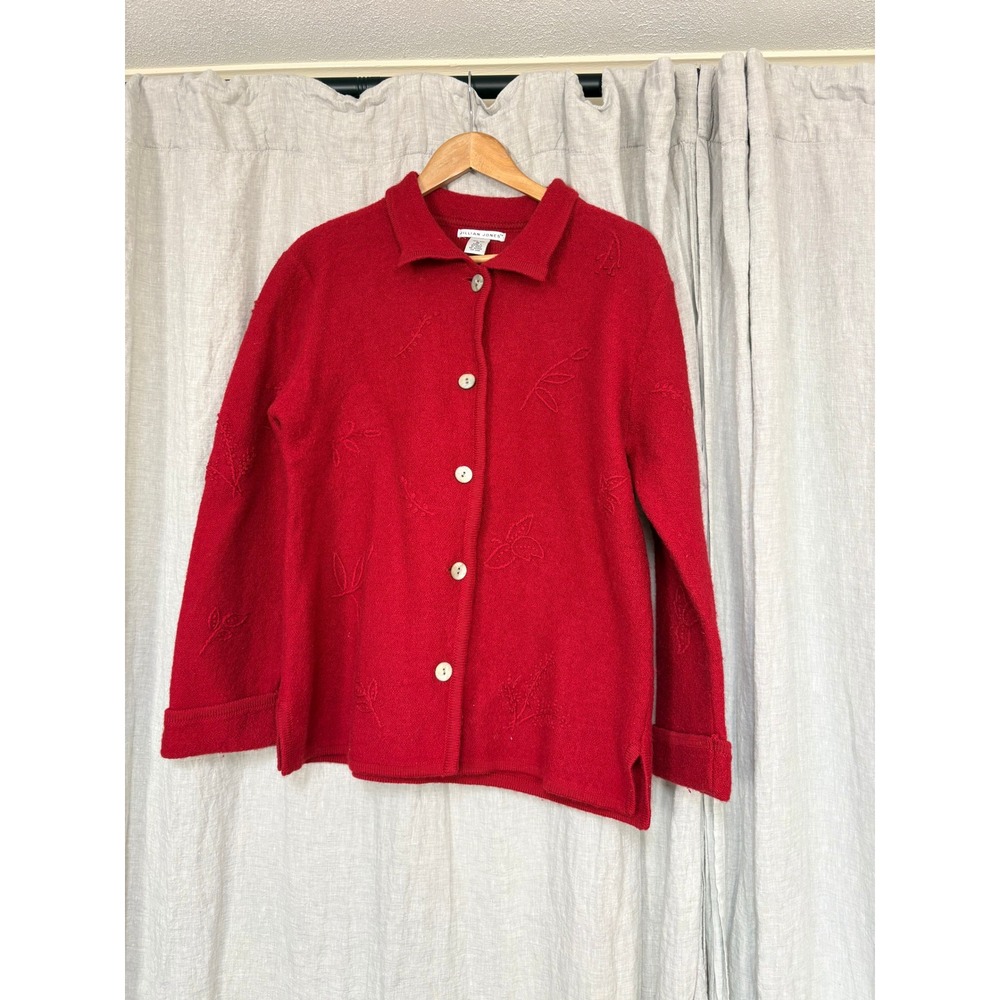 Jillian Jones Red 100% Wool Embroidered Button Front Cardigan Sweater Womens XL